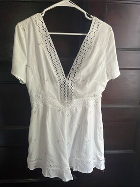 Amiana White Crochet-Trim V-Neck Romper